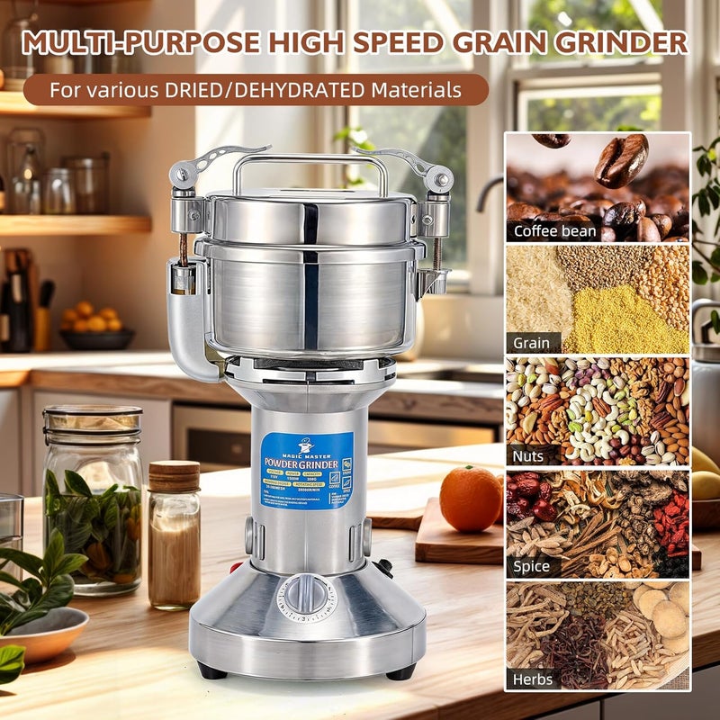 MAGIC MASTER 300g Grain Mill Grinder Electric,High Speed 1500W Commercial Safety Stainless Steel Dry Spice Grinder Machine For Flour Wheat Nut Corn Rice Pepper Herbs Coffee Beans,Upright,110V - Image 2